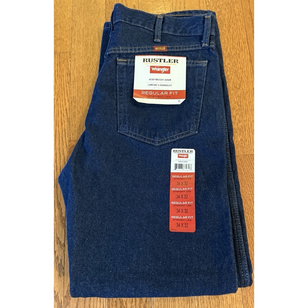 Men's Rustler by Wrangler Classic Regular Fit Straight Leg Jeans 34x32 Dark Wash